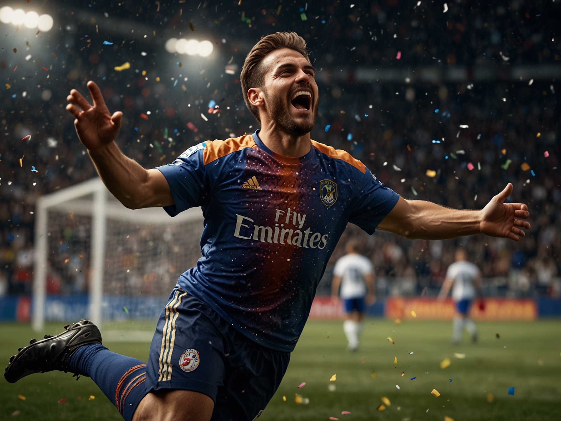 Celebrating football player on stadium